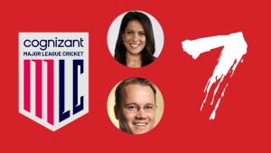 Logos of Major League Cricket (MLC) and Channel 7 alongside headshots of Johnny Grave and Renee Quirk, indicating a cricket media collaboration.