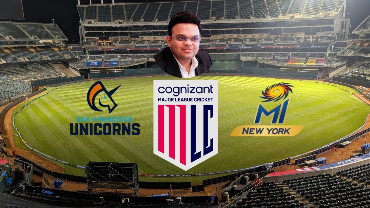 Oakland Coliseum with logos of MI New York, San Francisco Unicorns, and Major League Cricket (MLC), along with a photo of Jay Shah featured at the center of the cricket field.