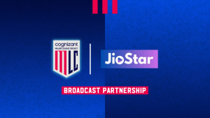 Cognizant Major League Cricket (MLC) logo and JioStar logo side by side on a blue gradient background, highlighting their 2025 broadcast partnership.