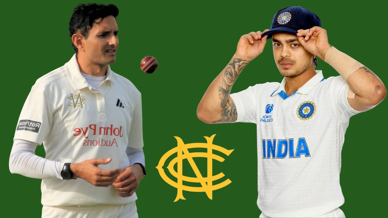 Mohammad Abbas (Pakistan) and Ishan Kishan (India) alongside the Nottingham County Cricket (NCC) logo, showcasing their respective international cricket careers.
