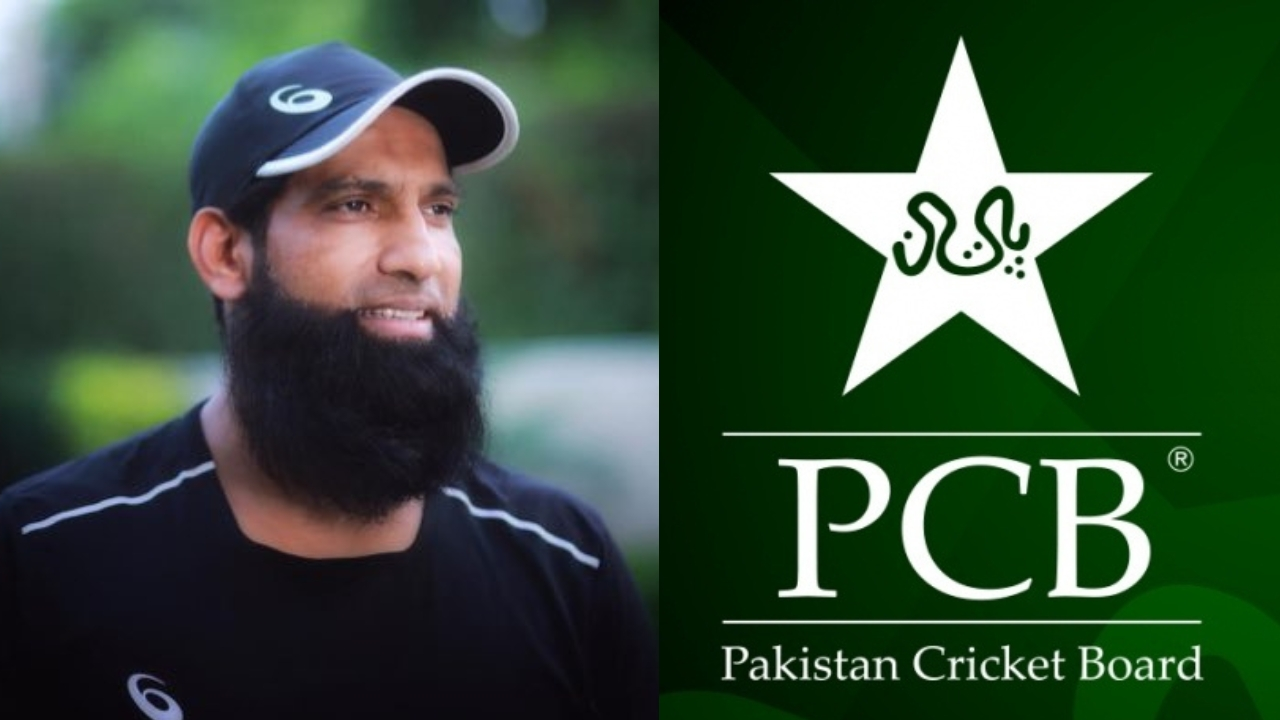 Portrait of Mohammad Yousaf alongside the Pakistan Cricket Board (PCB) logo on a green background, indicating his involvement with PCB.