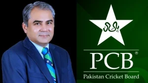 Mohsin Naqvi, Chairman of the Pakistan Cricket Board (PCB), alongside the PCB logo, representing his leadership in Pakistan's cricketing governance.