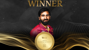 Muhammad Waseem named ICC Men’s Player of the Month for May 2025, shown with award medal and celebratory graphic background.