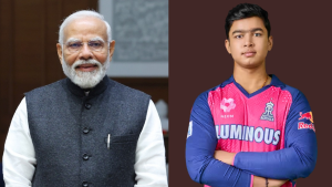 Narendra Modi standing beside Vaibhav Suryavanshi in a Rajasthan Royals cricket jersey