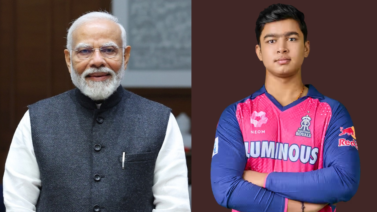 Narendra Modi standing beside Vaibhav Suryavanshi in a Rajasthan Royals cricket jersey