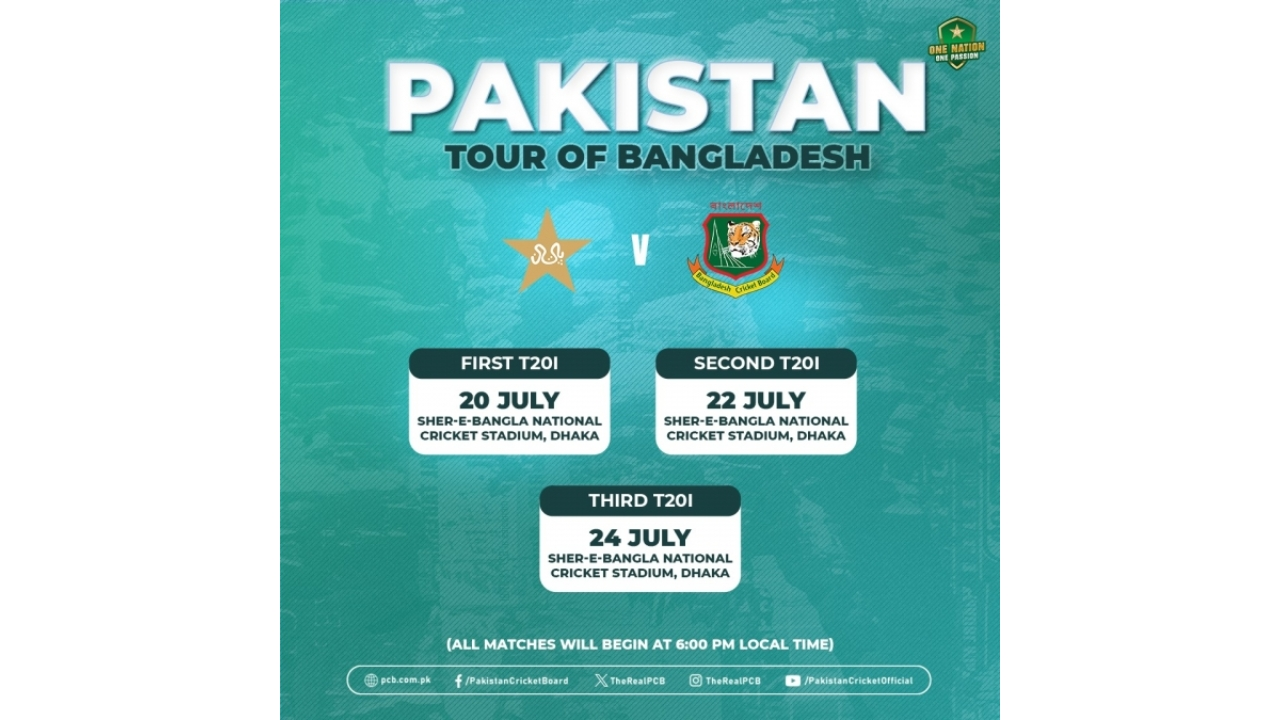 Fixtures for Pakistan's T20I series against Bangladesh in July 2025, scheduled at Sher-e-Bangla National Cricket Stadium, Dhaka. Matches are on July 20, 22, and 24, with all starting at 6:00 PM local time.