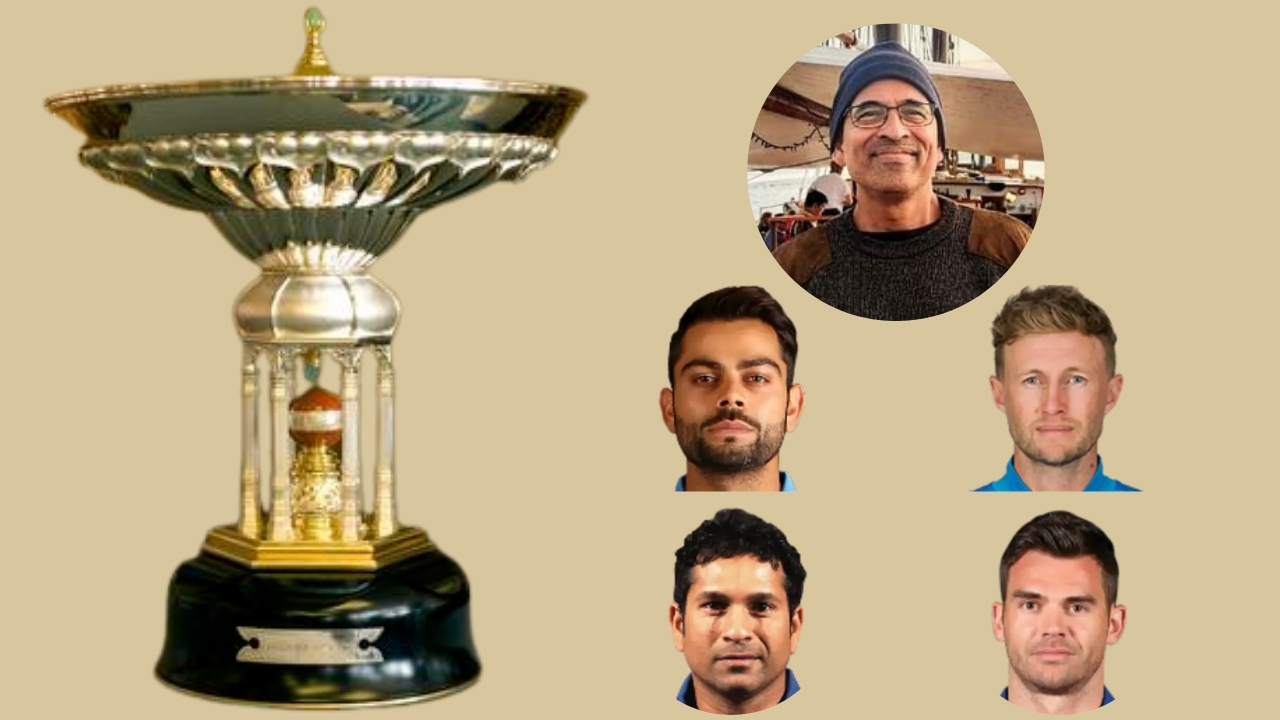 Pataudi Trophy displayed alongside photos of Harsha Bhogle, Virat Kohli, Joe Root, Sachin Tendulkar, and James Anderson on a beige background.