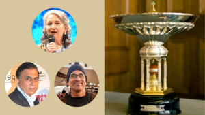 Pataudi Trophy alongside photos of Sharmila Tagore, Harsha Bhogle, and Sunil Gavaskar, symbolizing their association or commentary on the cricket award.