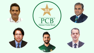 Pakistan Cricket Board logo surrounded by Mohsin Naqvi, Aqib Javed, Sumair Ahmed, Usman Wahla, and Salman Ali Agha.