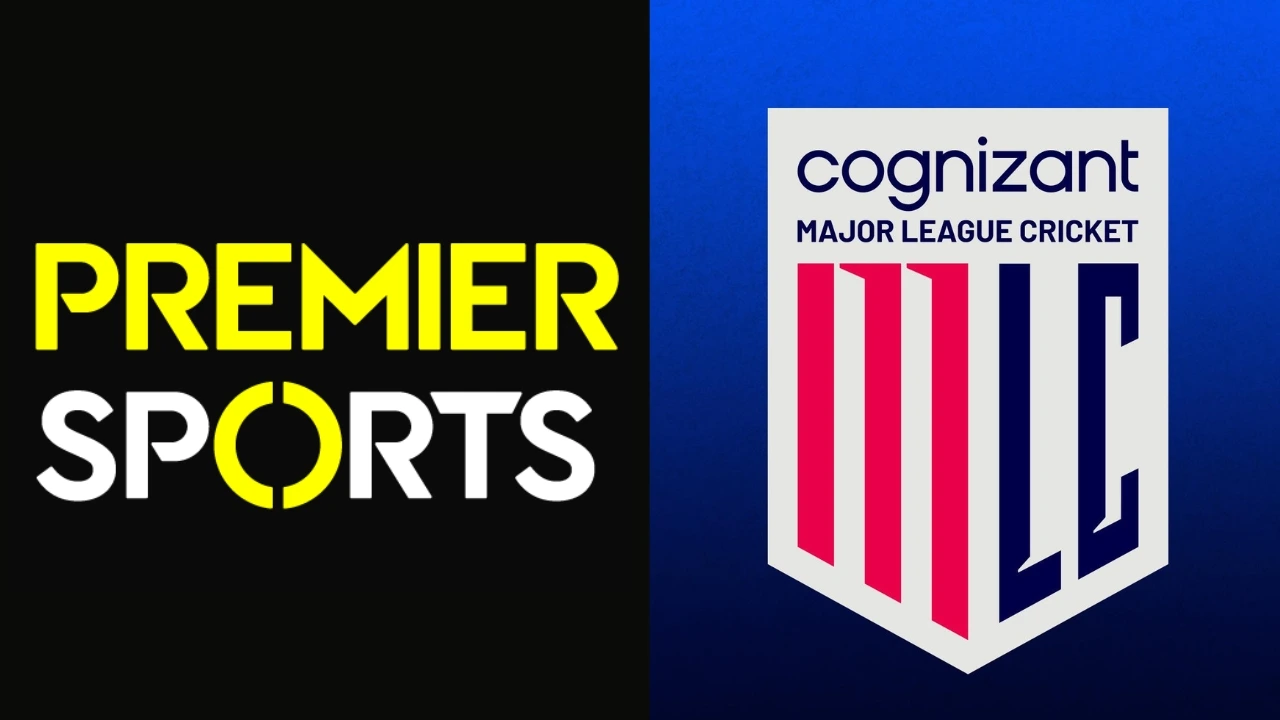 Side-by-side logos of Premier Sports and Cognizant Major League Cricket (MLC) on a split black and blue background.