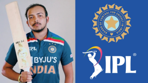 Prithvi Shaw, Indian cricketer, wearing the Indian national team jersey, holding a bat, with the BCCI (Board of Control for Cricket in India) logo and the IPL (Indian Premier League) logo displayed alongside him. This image showcases Shaw's association with both the Indian cricket team and the IPL.