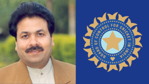 Rajeev Shukla pictured beside the BCCI (Board of Control for Cricket in India) logo, representing his role as an official in Indian cricket administration.