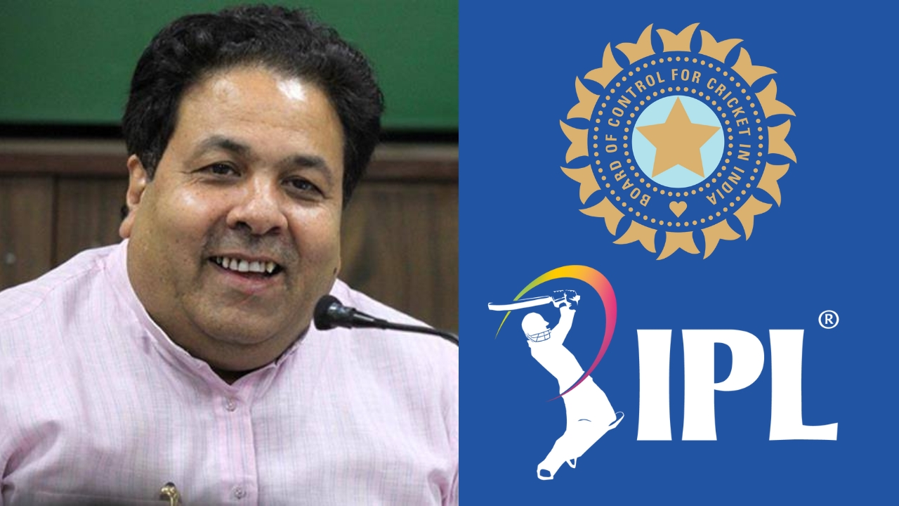 Rajeev Shukla speaking with BCCI and IPL logos displayed beside him.