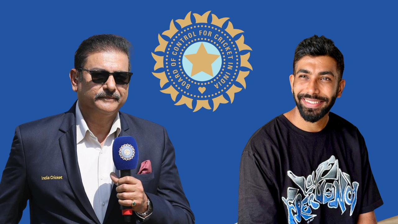 Ravi Shastri, former cricketer and commentator, alongside Jasprit Bumrah, the Indian pacer, with the BCCI (Board of Control for Cricket in India) logo. This image highlights Shastri's association with Indian cricket and Bumrah's prominent role in the Indian team.