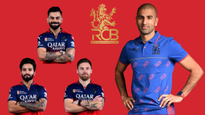 Royal Challengers Bengaluru players Virat Kohli, Rajat Patidar, Phil Salt, and strength coach Mohammad Babat posing with the RCB logo on a red background.