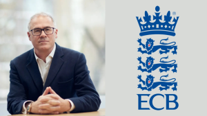 Richard Gould seated at a desk next to the England and Wales Cricket Board (ECB) logo, representing his role as ECB CEO.