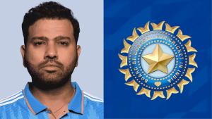 Rohit Sharma in Indian cricket team jersey next to the Board of Control for Cricket in India (BCCI) logo.