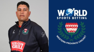 Rory Kleinveldt in team gear featuring the Six Gun Grill logo, pictured alongside the Western Province Cricket Association (WPCA) and World Sports Betting logos.