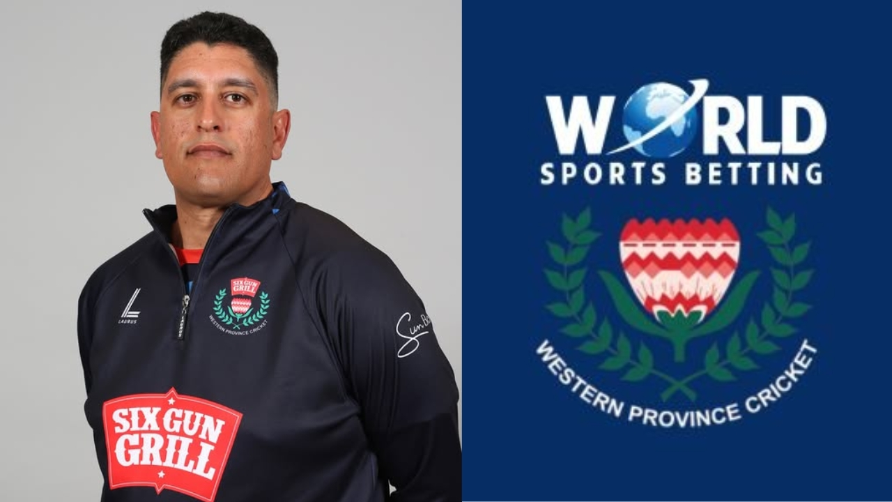 Rory Kleinveldt in team gear featuring the Six Gun Grill logo, pictured alongside the Western Province Cricket Association (WPCA) and World Sports Betting logos.