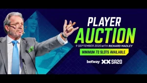 Official poster for the SA20 Season 3 player auction on 9 September 2025 featuring auctioneer Richard Madley, with a minimum of 72 slots available.