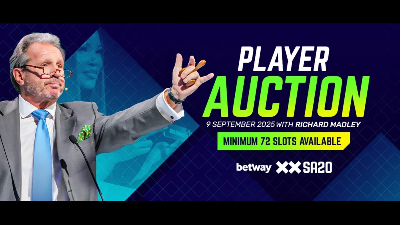 Official poster for the SA20 Season 3 player auction on 9 September 2025 featuring auctioneer Richard Madley, with a minimum of 72 slots available.