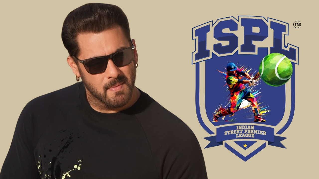 Salman Khan, Bollywood actor, promoting the Indian Street Premier League (ISPL) alongside its logo, featuring a dynamic and colorful cricket design.