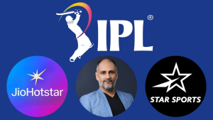 Sanjog Gupta featured with IPL, JioHotstar, and Star Sports logos, representing key figures and platforms in the Indian Premier League's media and broadcast landscape.