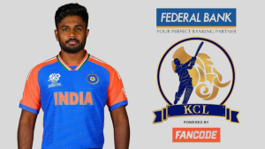 Sanju Samson, the Indian cricketer, wearing the official India team jersey alongside the Kerala Cricket League (KCL) logo, sponsored by Federal Bank and powered by Fancode. This image highlights Samson's involvement in KCL and his association with the Indian cricket team.