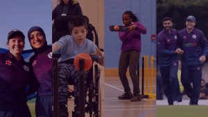 A collage showing Scotland cricket players and diverse community members, including children and athletes with disabilities, promoting inclusion and engagement in cricket.