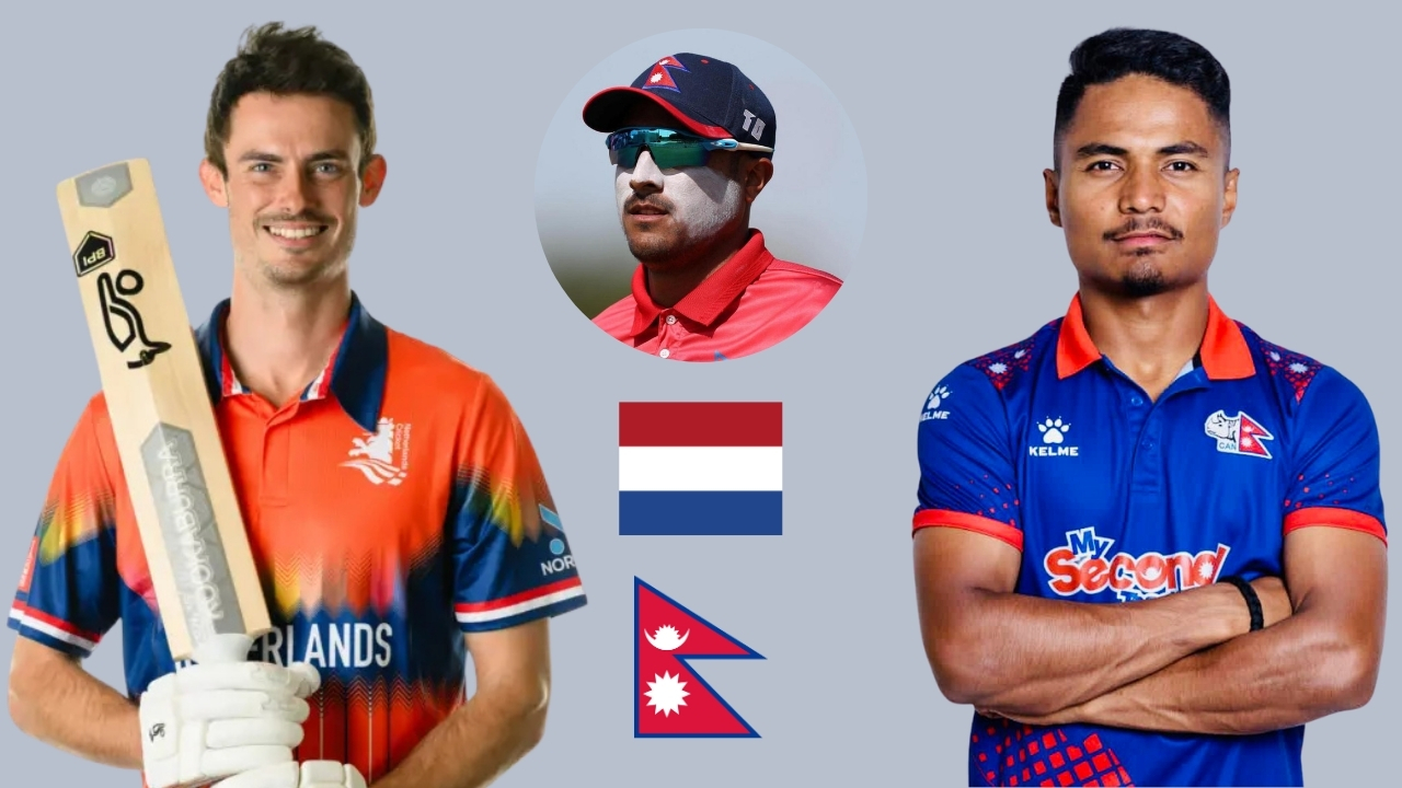 Cricketers Scott Edwards, Paras Khadka, and Rohit Paudel with Netherlands and Nepal national flags, representing a cricket matchup between the two countries.