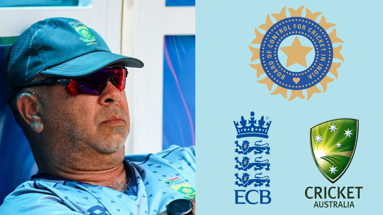 Shukri Conrad alongside logos of BCCI, ECB, and Cricket Australia, symbolizing his coaching experience and influence across international cricket boards.
