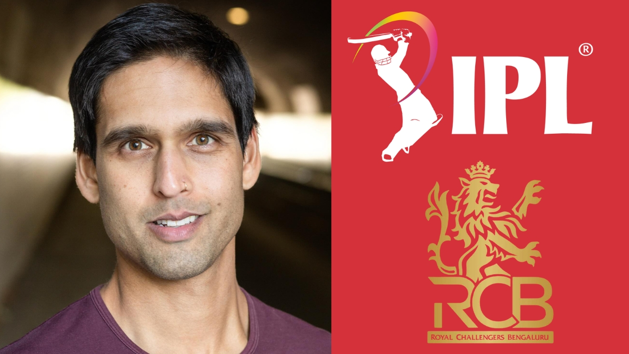 Portrait of Siddharth Mallya alongside Indian Premier League (IPL) and Royal Challengers Bengaluru (RCB) logos on a split background.