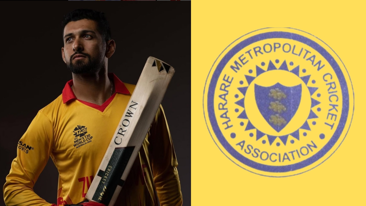 Sikandar Raza holding a cricket bat alongside the Harare Metropolitan Cricket Association logo, representing Zimbabwean cricket affiliation.