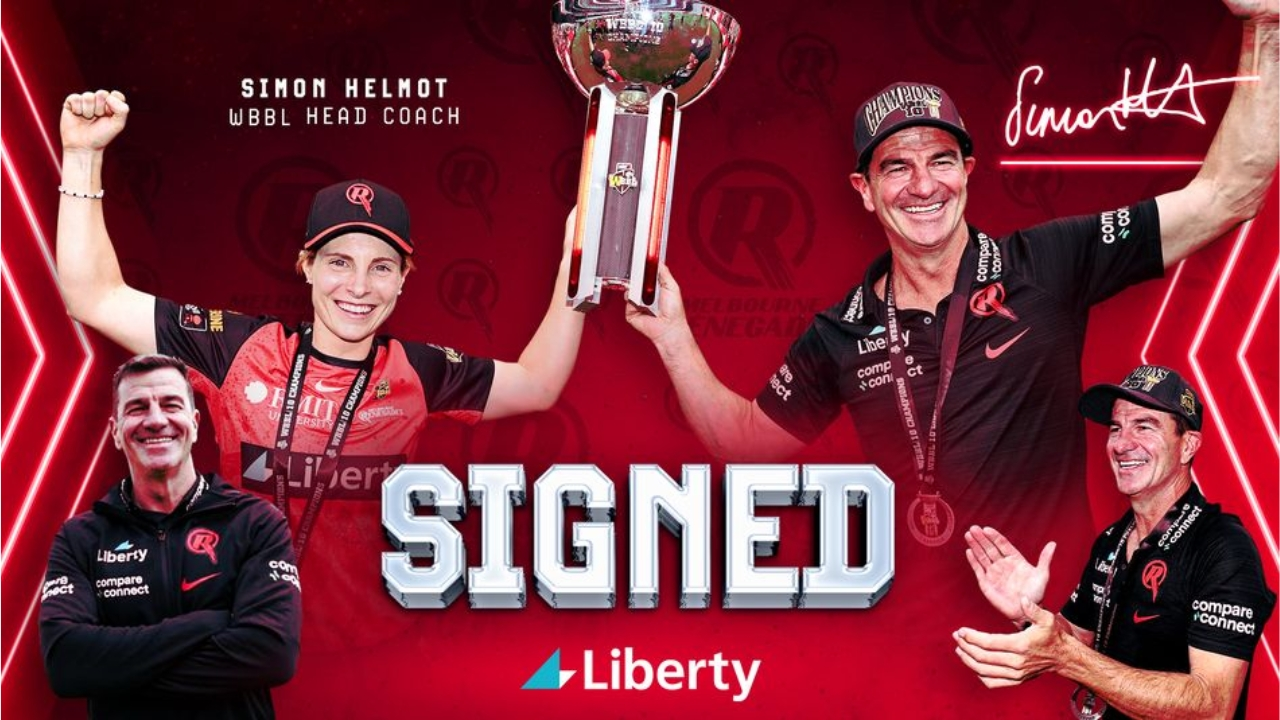 Simon Helmot officially signed as Melbourne Renegades WBBL head coach, celebrating with team trophy and fans.