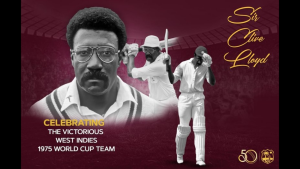 Tribute graphic of Sir Clive Lloyd celebrating the victorious West Indies 1975 World Cup team, featuring action shots and a portrait on a maroon background.