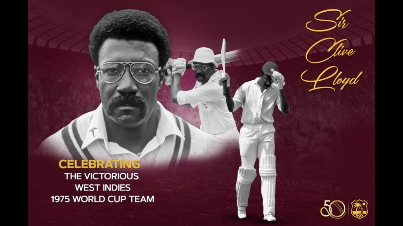 Tribute graphic of Sir Clive Lloyd celebrating the victorious West Indies 1975 World Cup team, featuring action shots and a portrait on a maroon background.
