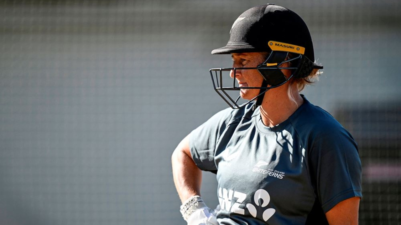 New Zealand WHITE FERNS ODI captain Sophie Devine wearing training gear and a helmet during a cricket practice session.