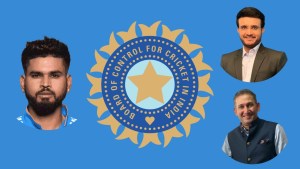Images of Sourav Ganguly, Ajit Agarkar, and Shreyas Iyer surrounding the Board of Control for Cricket in India (BCCI) logo on a blue background, representing key figures in Indian cricket.
