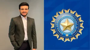 Sourav Ganguly, former Indian cricketer and current president of the Board of Control for Cricket in India (BCCI), posing alongside the BCCI logo.