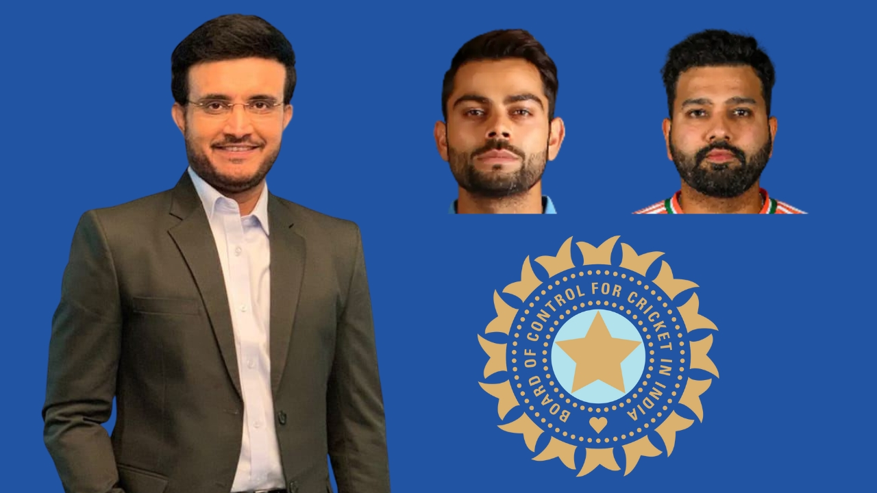 Sourav Ganguly standing with portraits of Virat Kohli and Rohit Sharma above the BCCI logo on a blue background