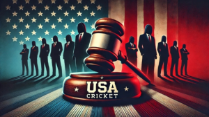 Illustration representing USA Cricket with a gavel and silhouetted figures against the American flag backdrop, symbolizing governance, legal, or administrative issues in 2025.