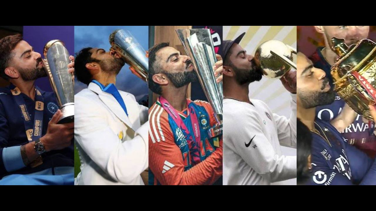 Virat Kohli kissing various cricket trophies including the ICC Champions Trophy, T20 World Cup, and IPL titles.