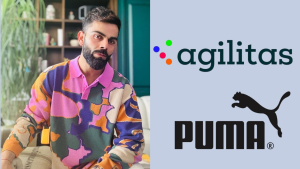 Virat Kohli wearing a colorful sweater, pictured alongside Puma and Agilitas logos, representing his association with global sports and lifestyle brands.