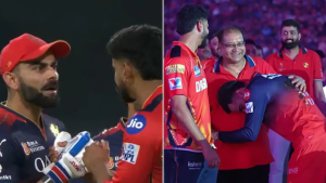 Virat Kohli and Shreyas Iyer sharing a moment during an IPL match; Shreyas Iyer seen emotionally hugging his father in a touching scene.