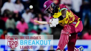 West Indies cricketer in action playing a shot during a T20 match, with the West Indies Breakout League logo displayed in the foreground.