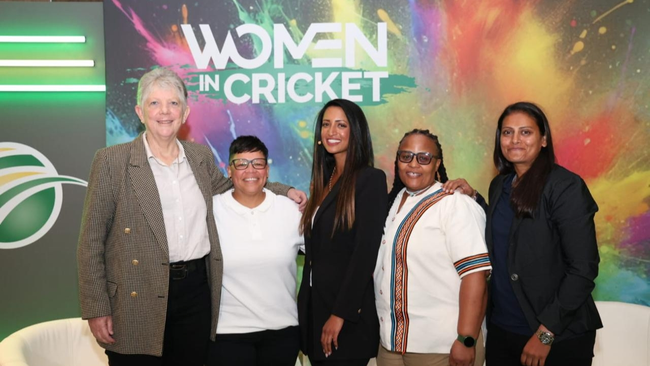 Group of women cricket leaders and professionals posing at the "Women in Cricket" empowerment event in South Africa, 2025.