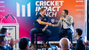 Zee Zaidi of CricExec shaking hands with Shane Watson during the Cricket Impact Lunch 2025, highlighting cricket’s role in global engagement and business.