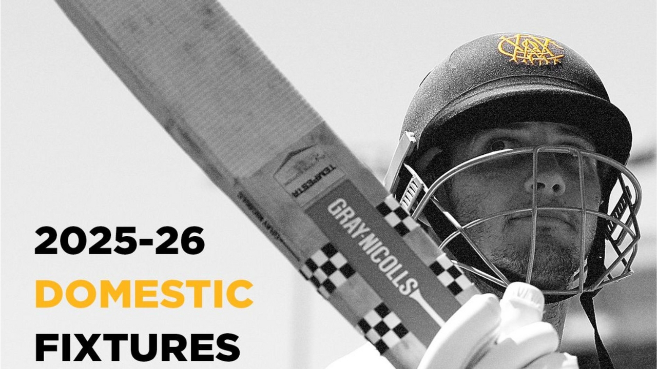 Cricketer wearing helmet holding a Gray-Nicolls bat, promoting the 2025–26 domestic cricket fixtures schedule in black and white with highlighted text.