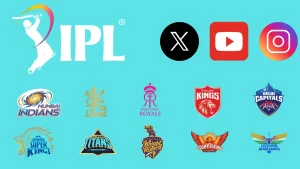 IPL logo displayed with all team logos including Mumbai Indians, RCB, CSK, and others, alongside social media icons for X, YouTube, and Instagram on a blue background.