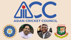 Asian Cricket Council (ACC) logo with BCCI and BCB logos, alongside images of Rajeev Shukla and Aminul Islam on a beige background.